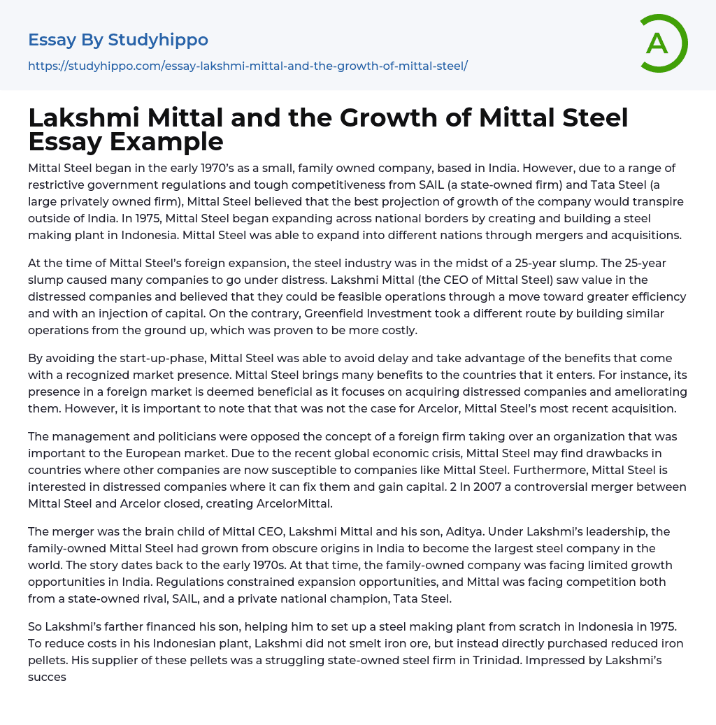 Lakshmi Mittal and the Growth of Mittal Steel Essay Example