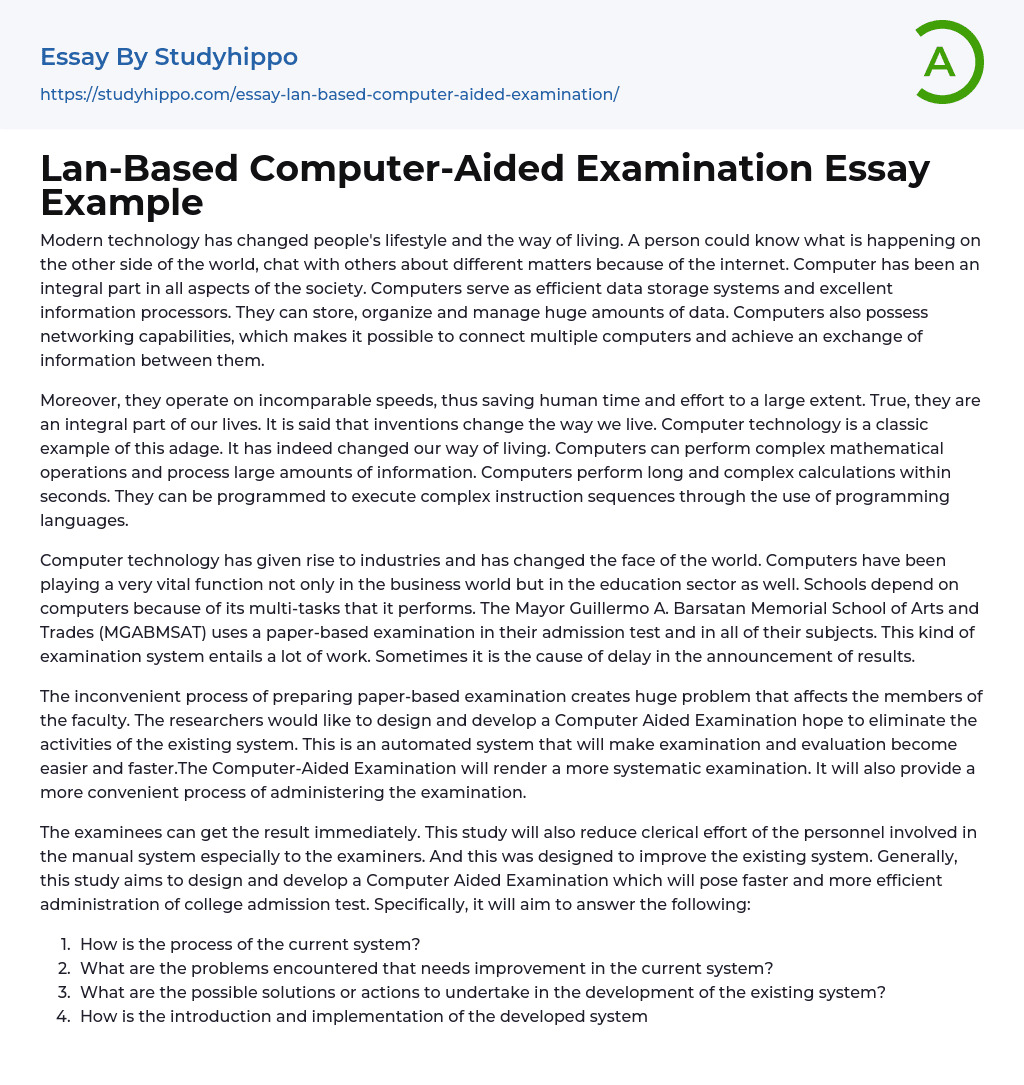 Lan-Based Computer-Aided Examination Essay Example