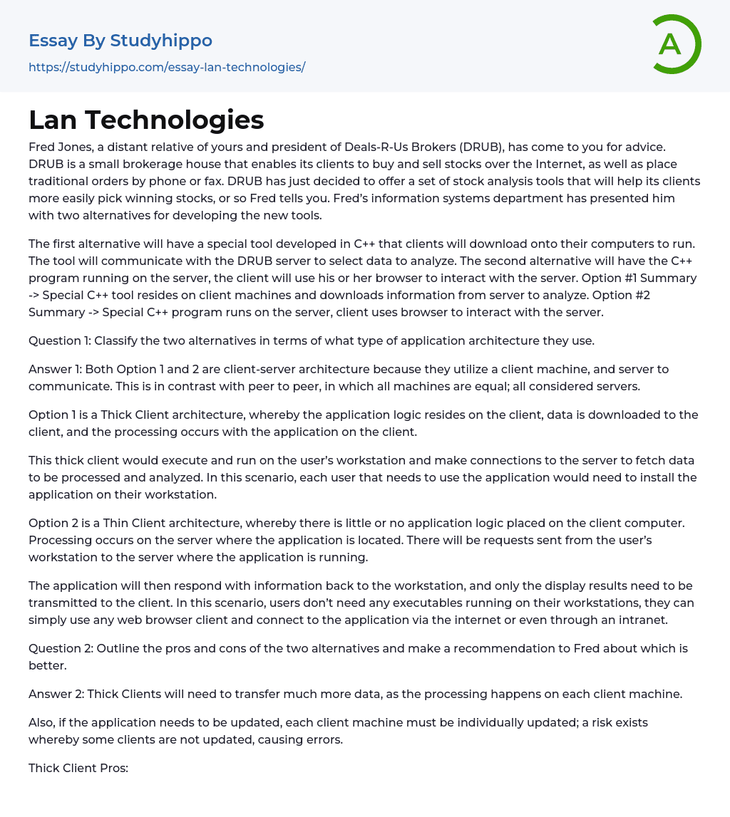 Lan Technologies Essay Example