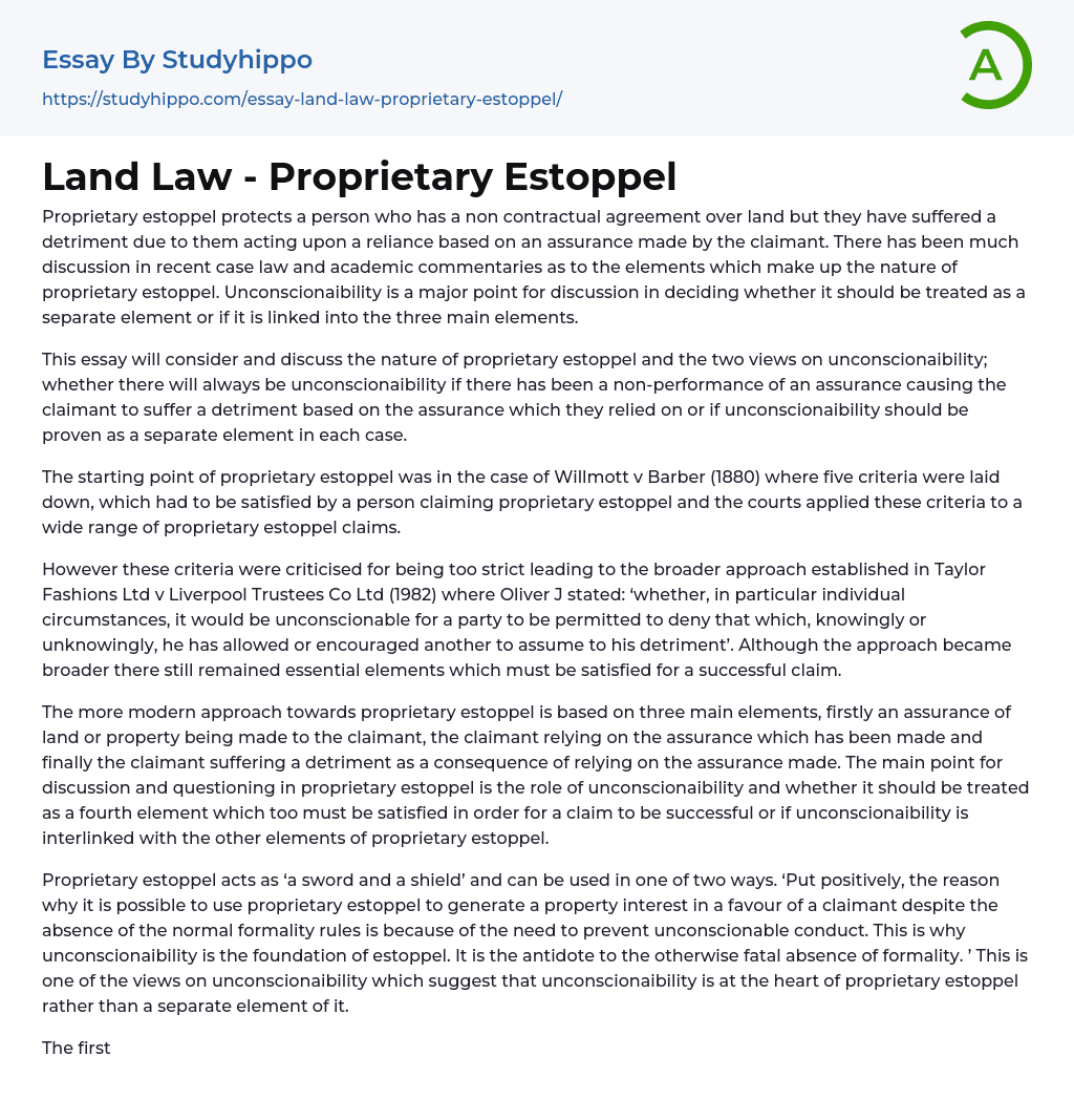 Land Law – Proprietary Estoppel Essay Example