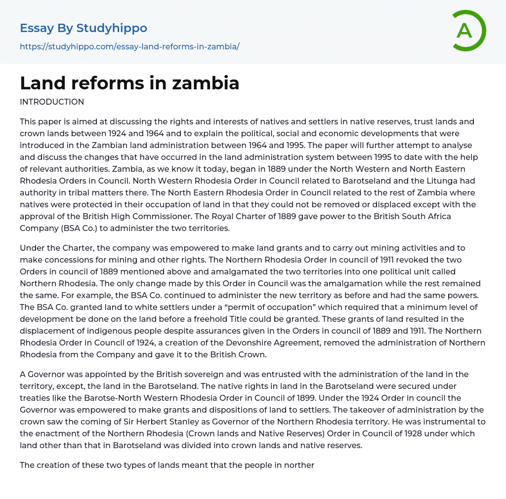 Land reforms in zambia Essay Example