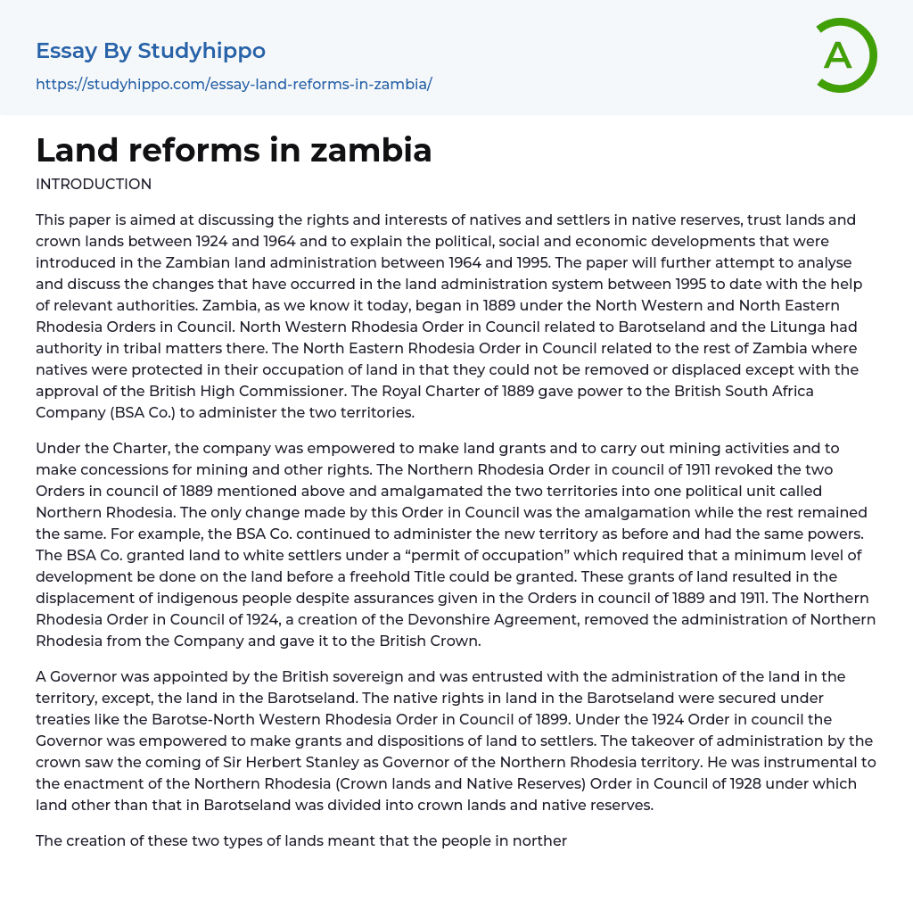 Land Reforms In Zambia Essay Example StudyHippo