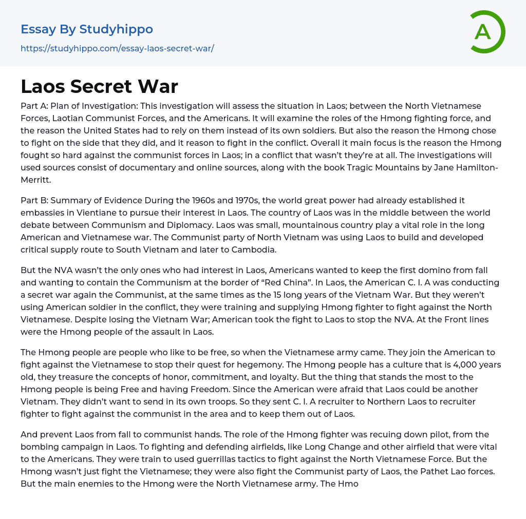 Laos Secret War Essay Example