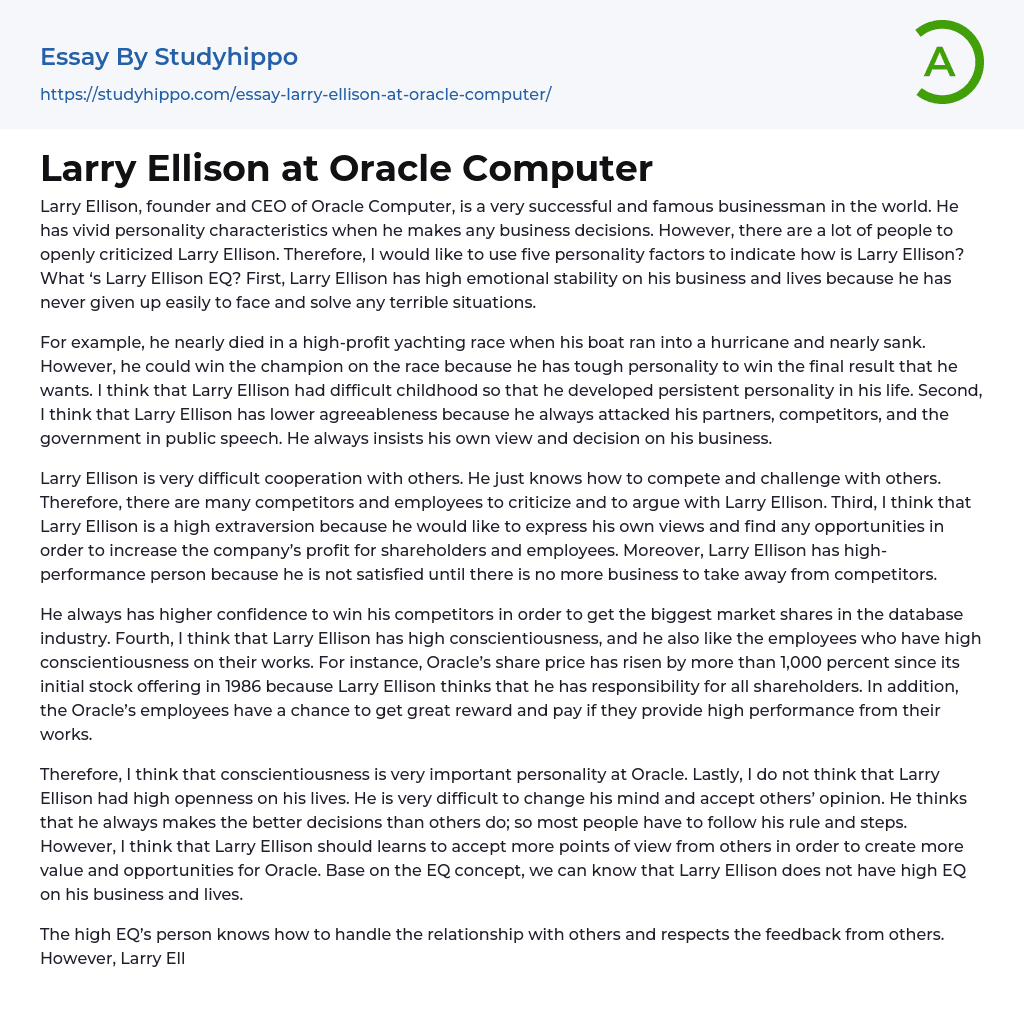 Larry Ellison at Oracle Computer Essay Example