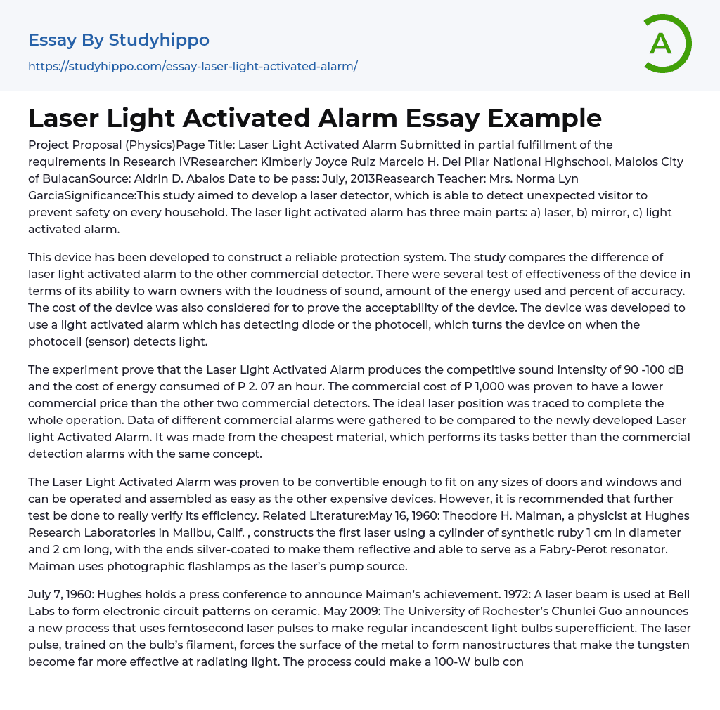 Laser Light Activated Alarm Essay Example