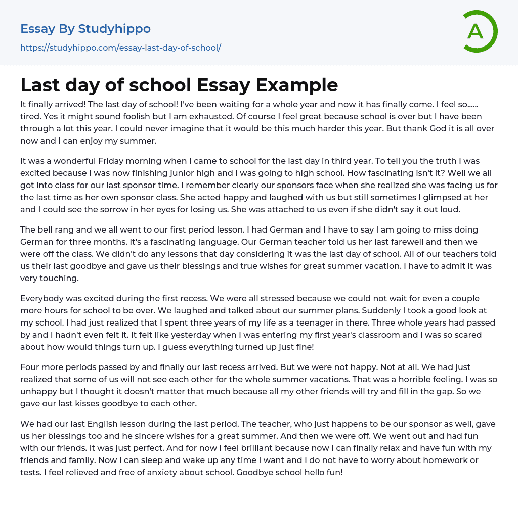 Last Day Of School Essay Example StudyHippo