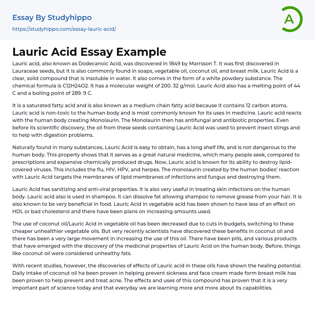 Lauric Acid Essay Example