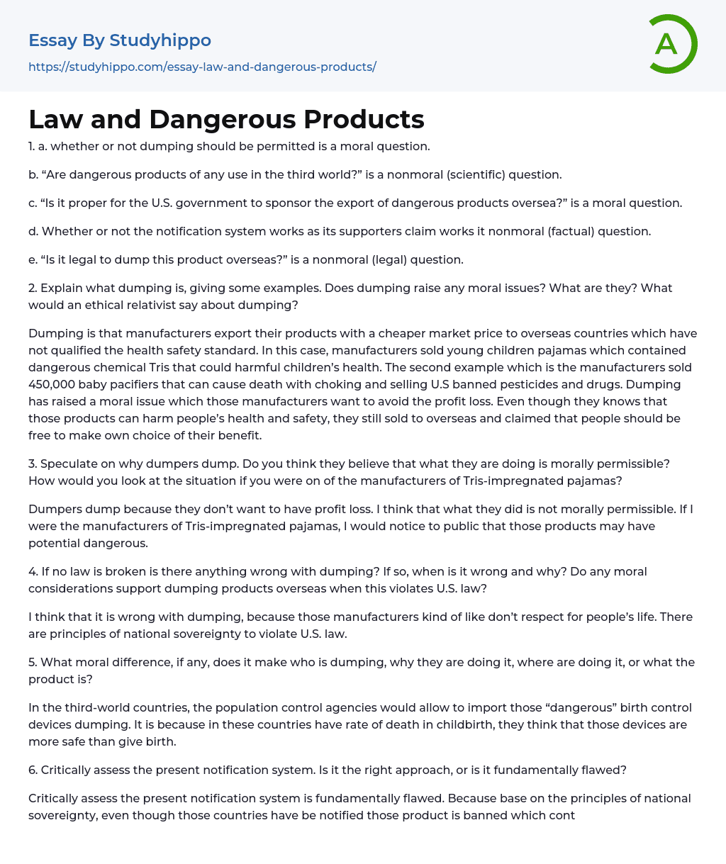 Law and Dangerous Products Essay Example