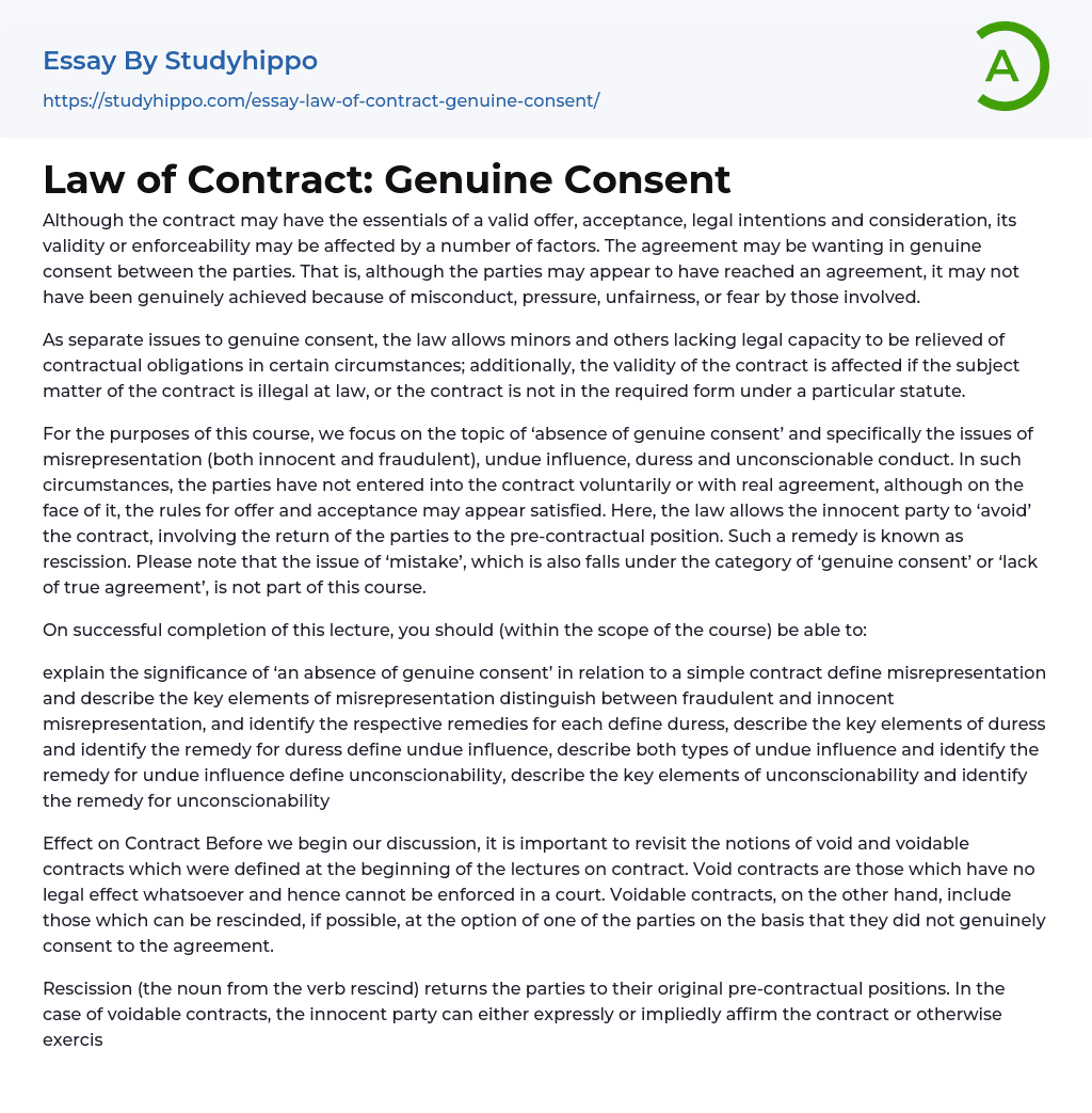 Law of Contract: Genuine Consent Essay Example