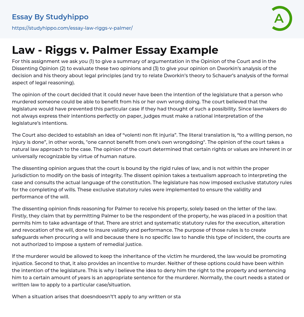 Law – Riggs v. Palmer Essay Example