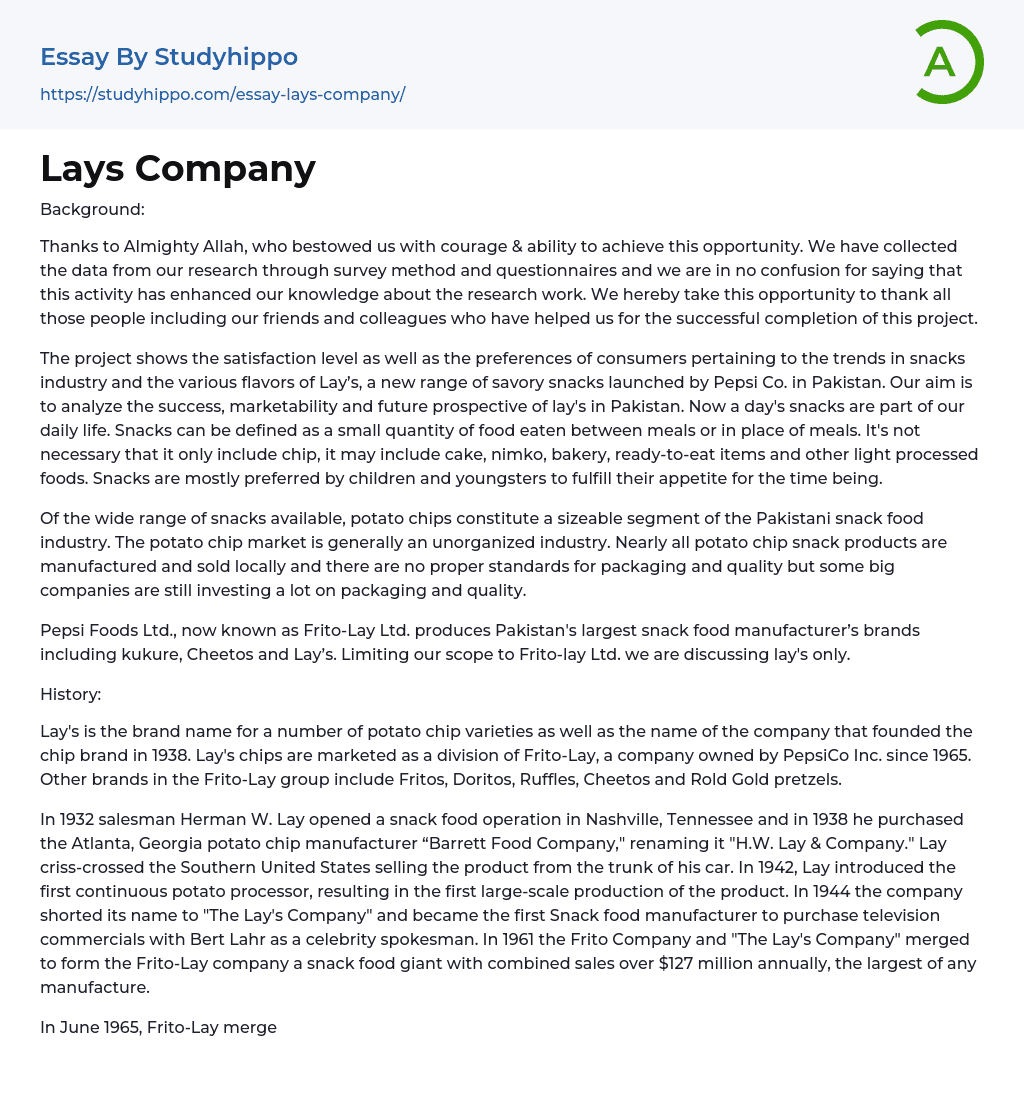 Lays Company Essay Example