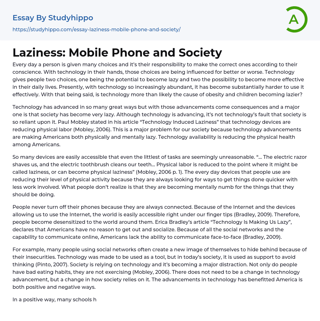 Laziness: Mobile Phone and Society Essay Example