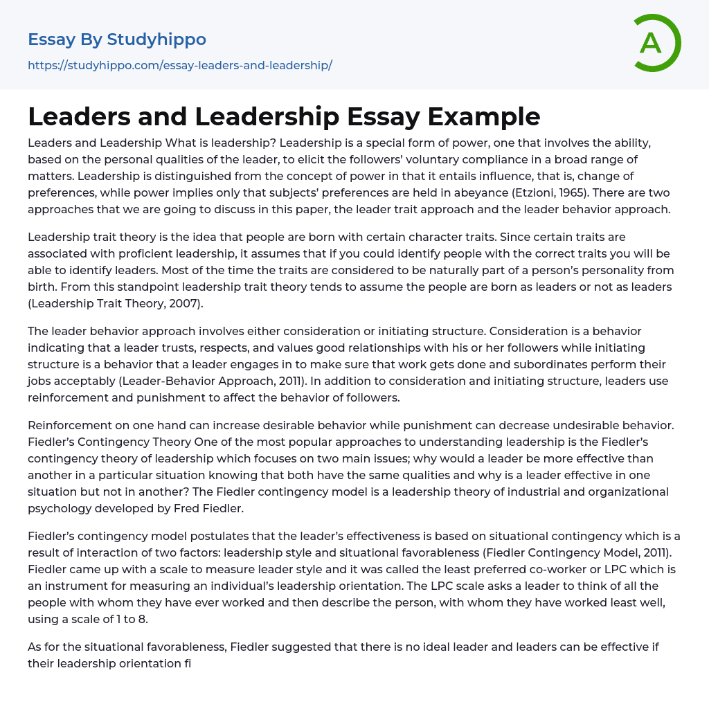 Leaders and Leadership Essay Example