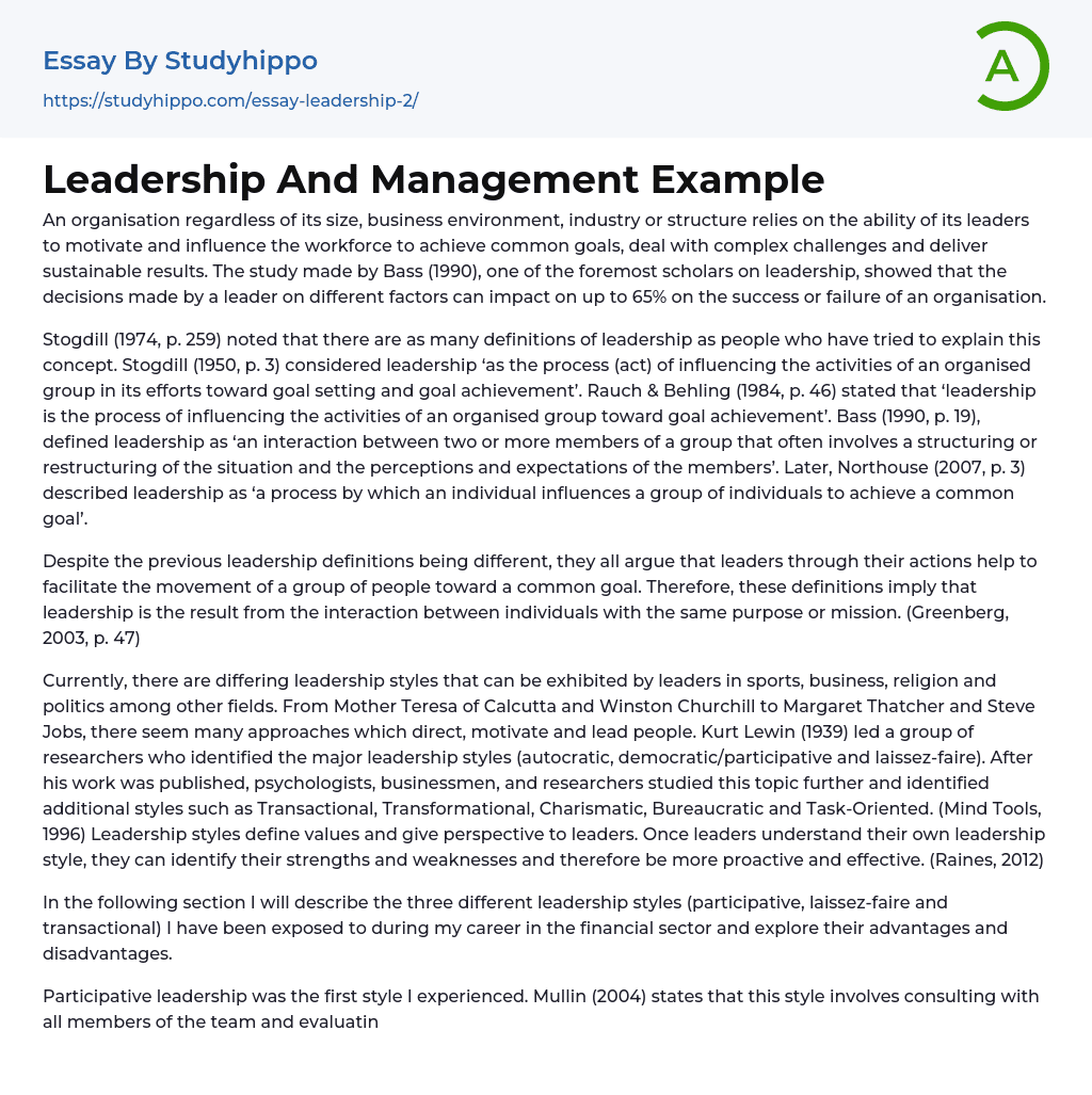 Leadership And Management Example Essay Example