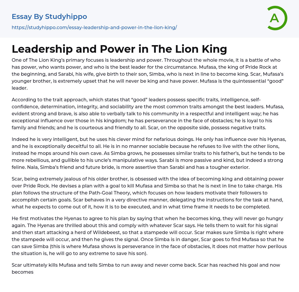 Leadership and Power in The Lion King Essay Example