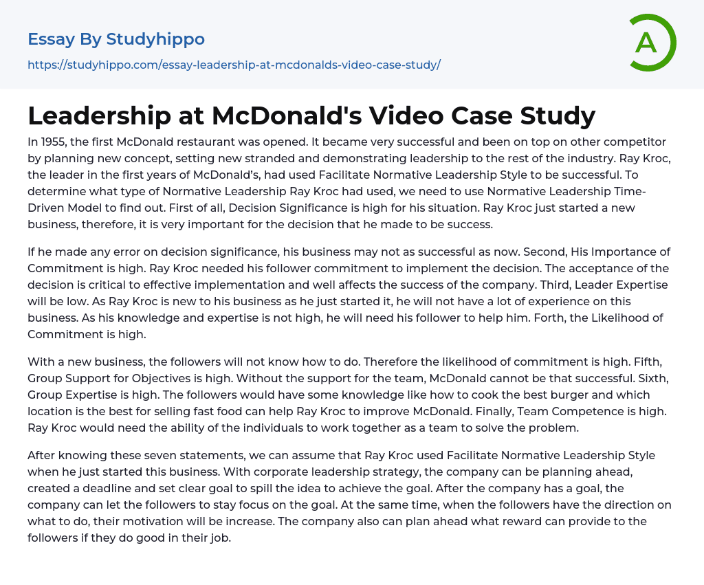 Leadership at McDonald’s Video Case Study Essay Example
