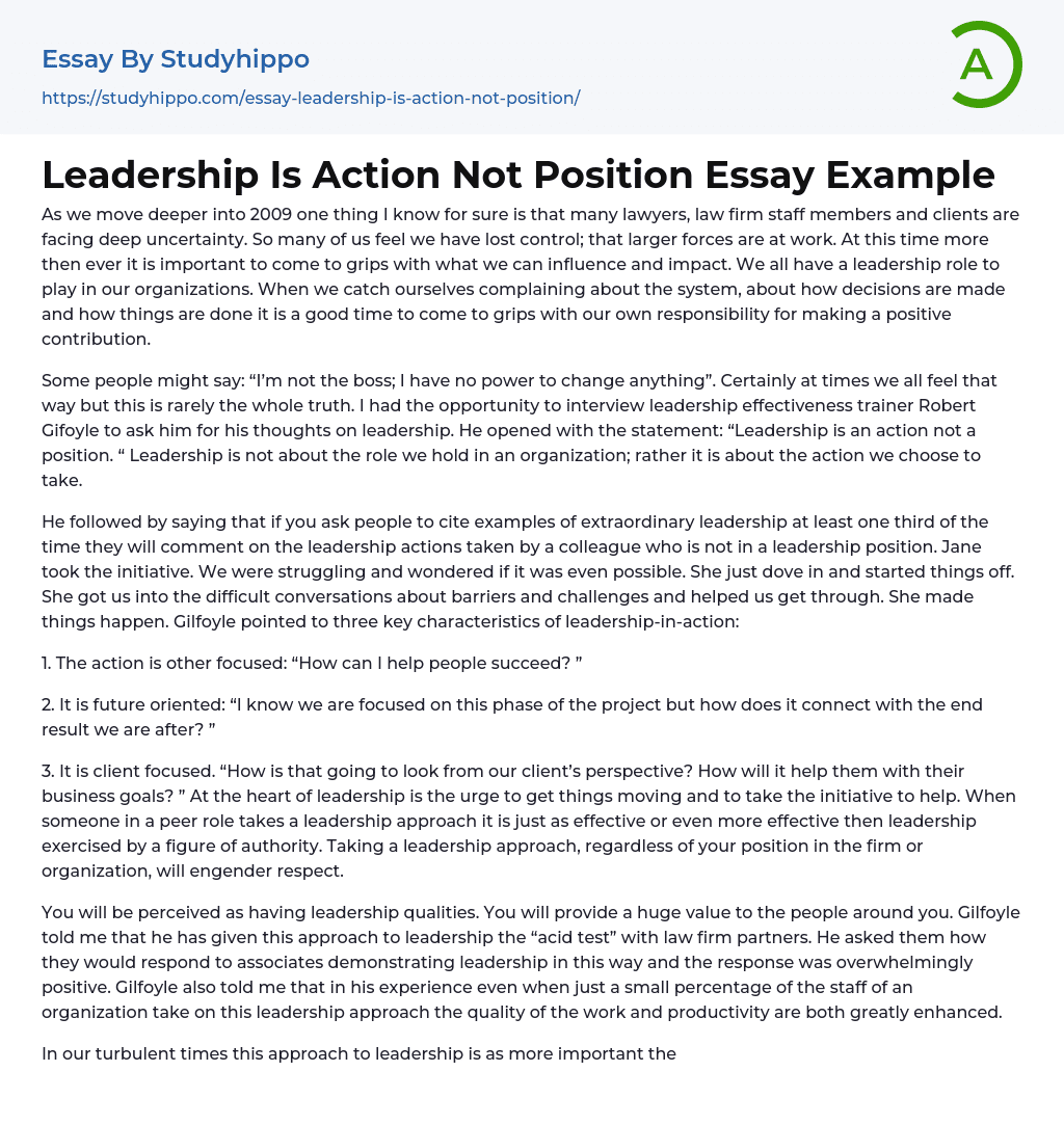 Leadership Is Action Not Position Essay Example