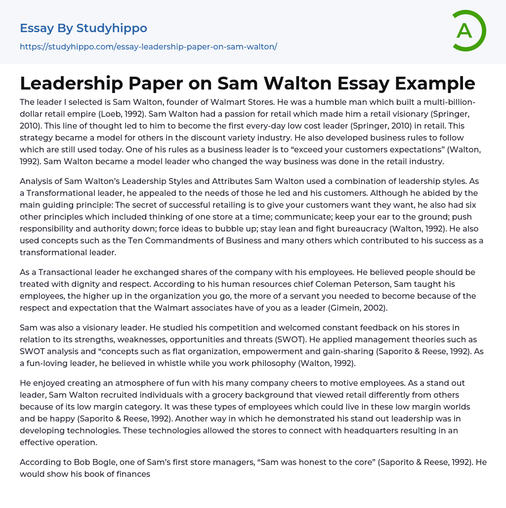 Leadership Paper on Sam Walton Essay Example