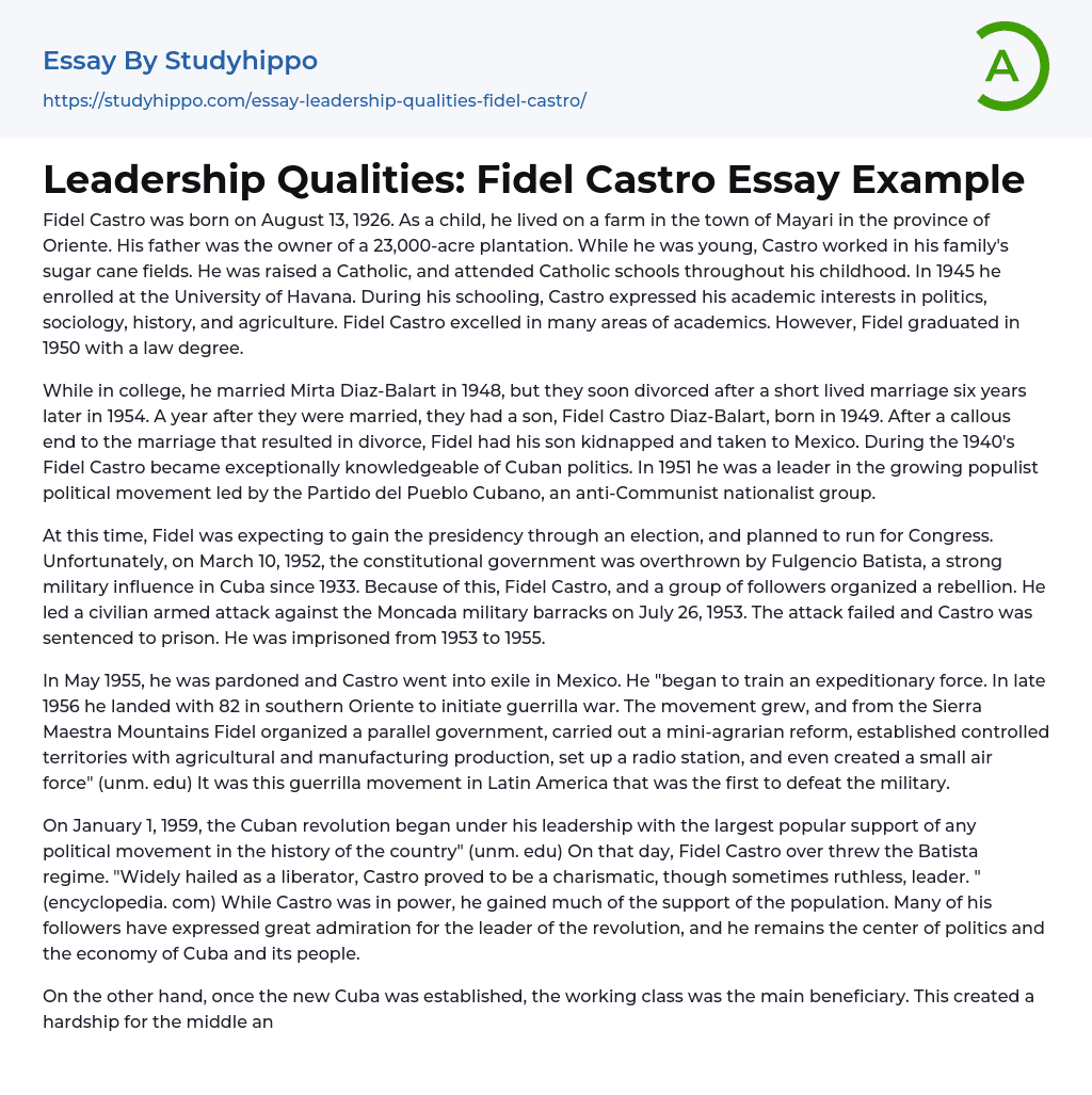 Leadership Qualities: Fidel Castro Essay Example