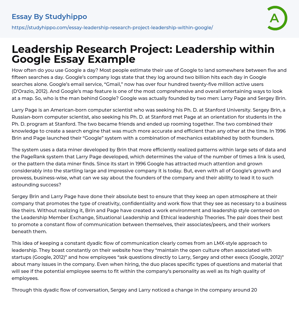 Leadership Research Project: Leadership within Google Essay Example