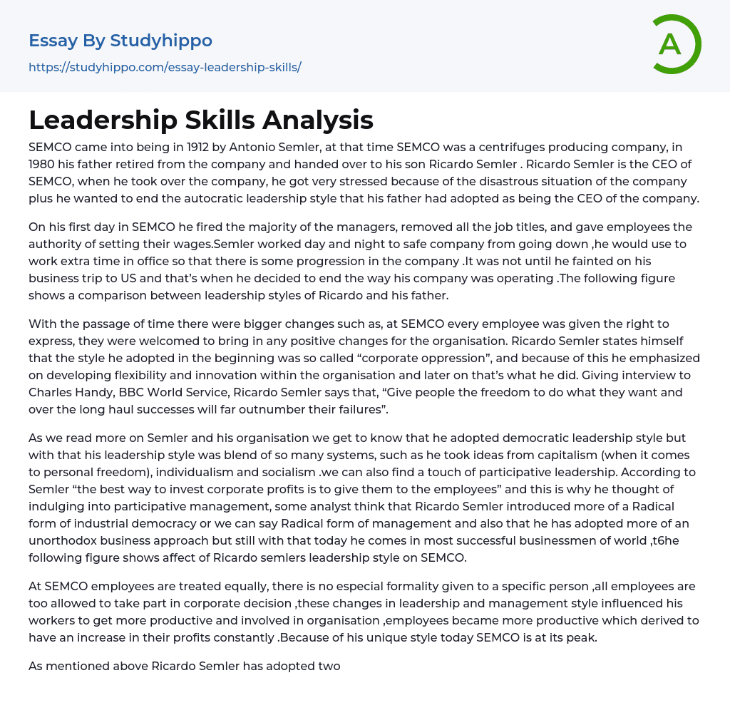 Leadership Skills Analysis Essay Example