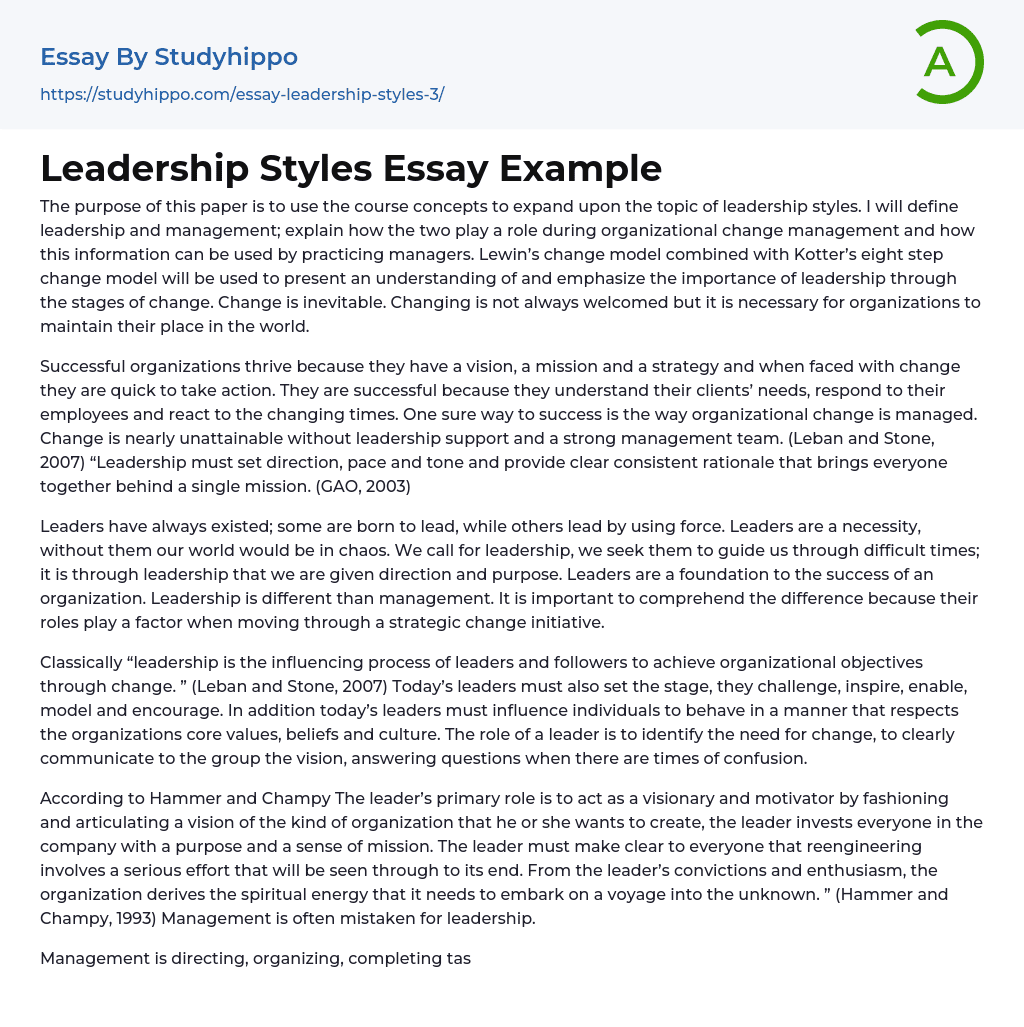 Leadership Styles Essay Example