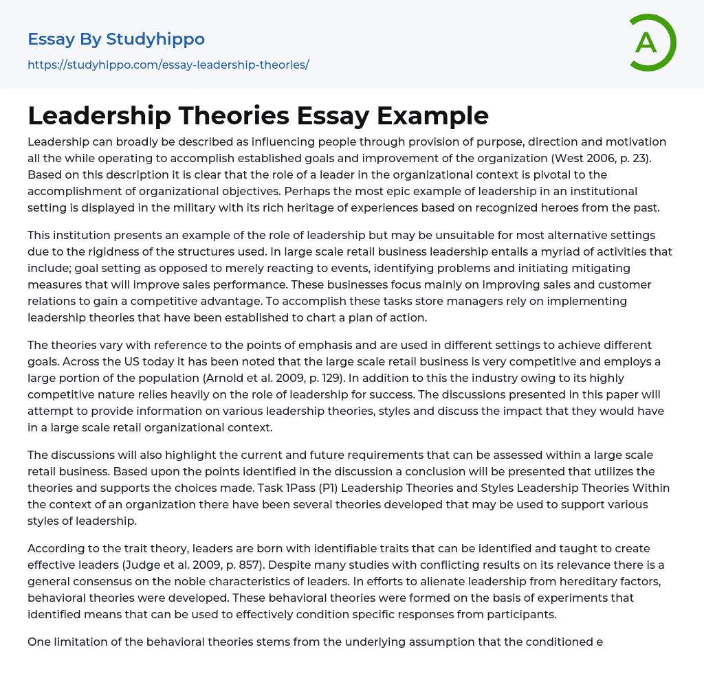 Leadership Theories Essay Example