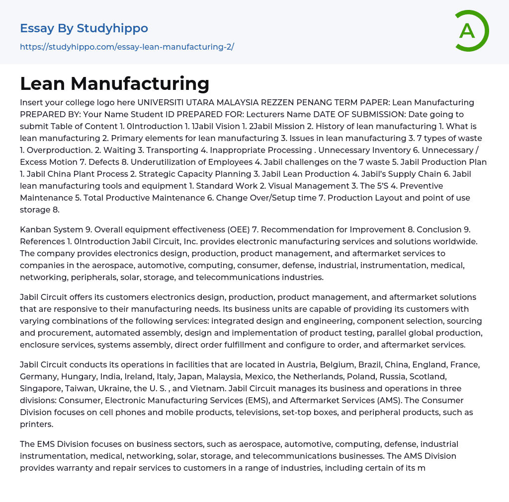 Lean Manufacturing: Jabil Circuit Essay Example