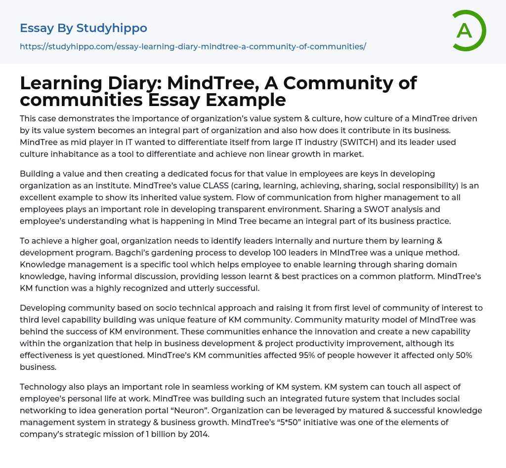 Learning Diary: MindTree, A Community of communities Essay Example