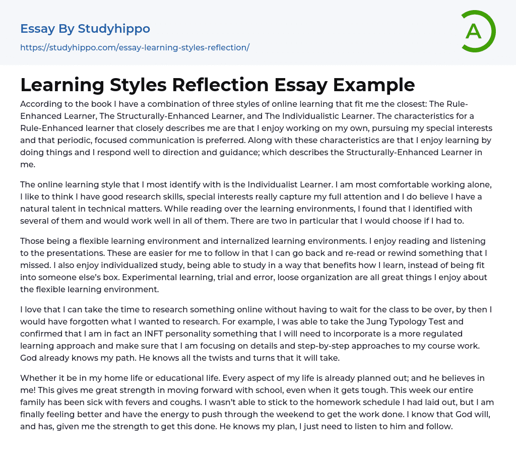 Learning Styles Reflection Essay Example
