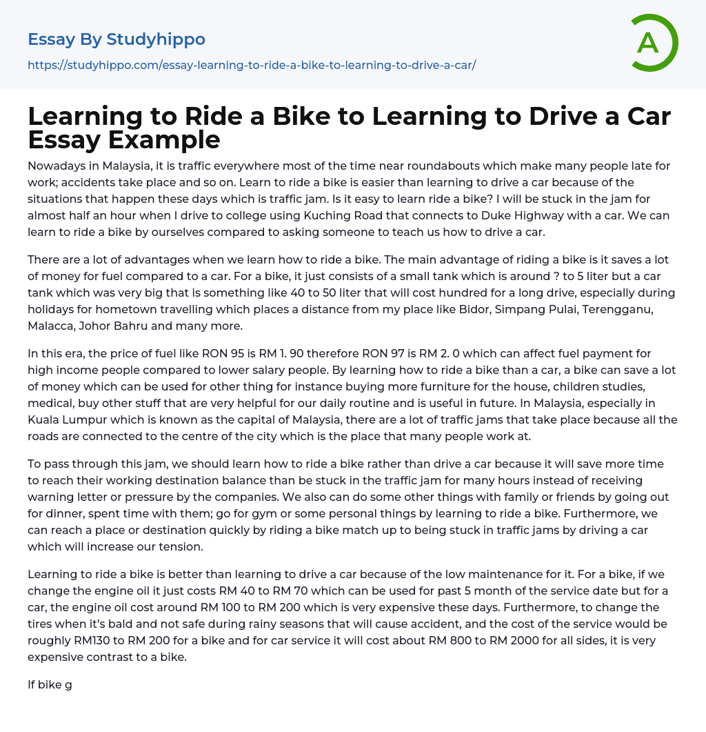 Learning to Ride a Bike to Learning to Drive a Car Essay Example