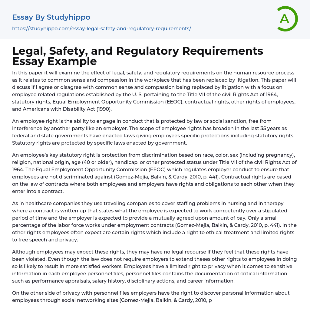 Legal, Safety, and Regulatory Requirements Essay Example