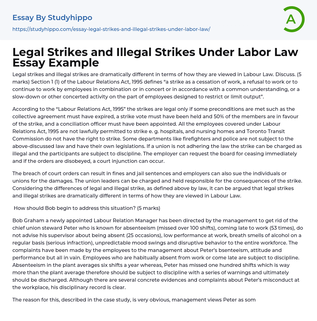 Legal Strikes and Illegal Strikes Under Labor Law Essay Example