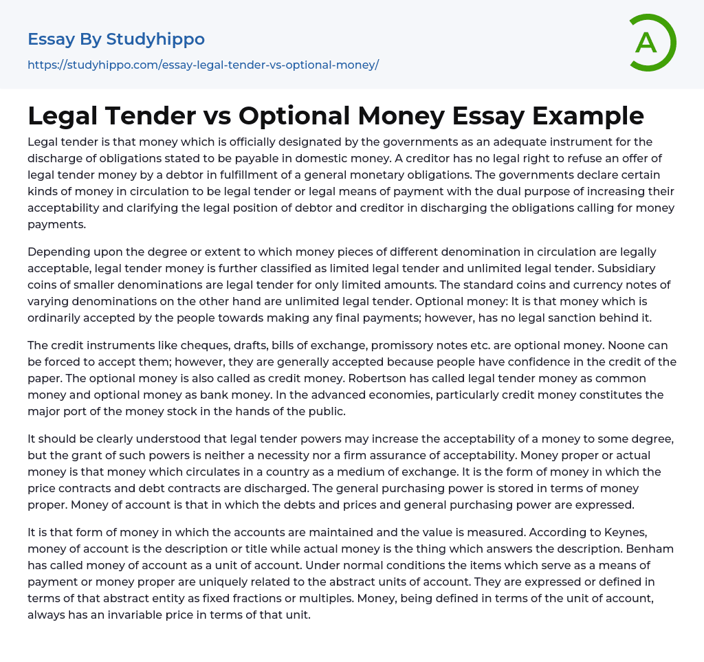 Legal Tender vs Optional Money Essay Example