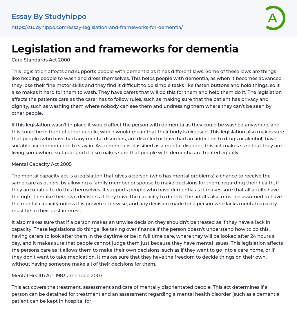 Legislation And Frameworks For Dementia Essay Example StudyHippo