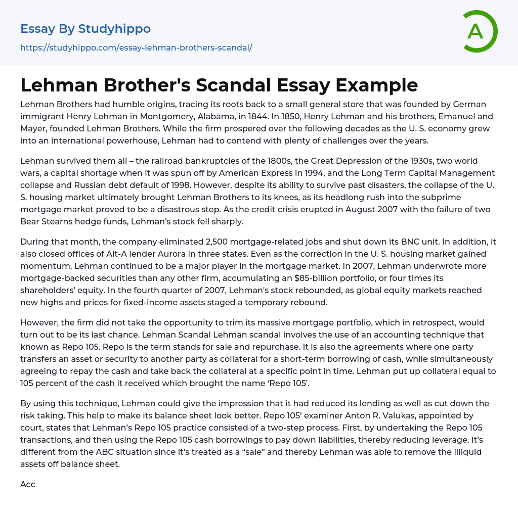 Lehman Brother’s Scandal Essay Example