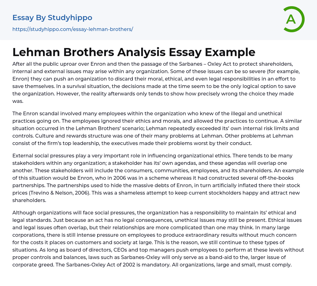Lehman Brothers Analysis Essay Example