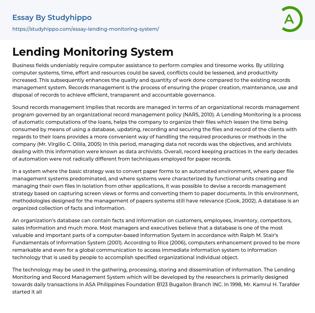Lending Monitoring System Essay Example