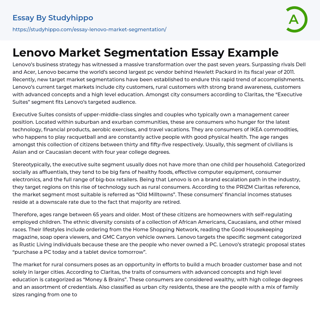 Lenovo Market Segmentation Essay Example