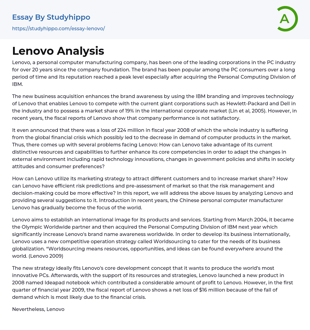Lenovo Analysis Essay Example