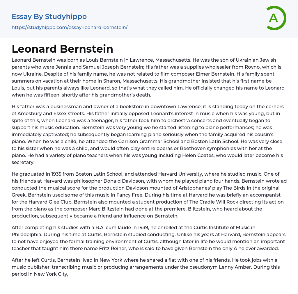 Leonard Bernstein Essay Example