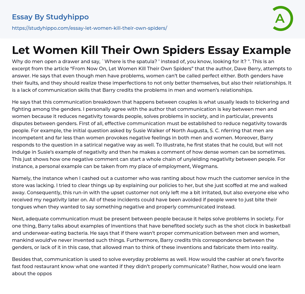Let Women Kill Their Own Spiders Essay Example