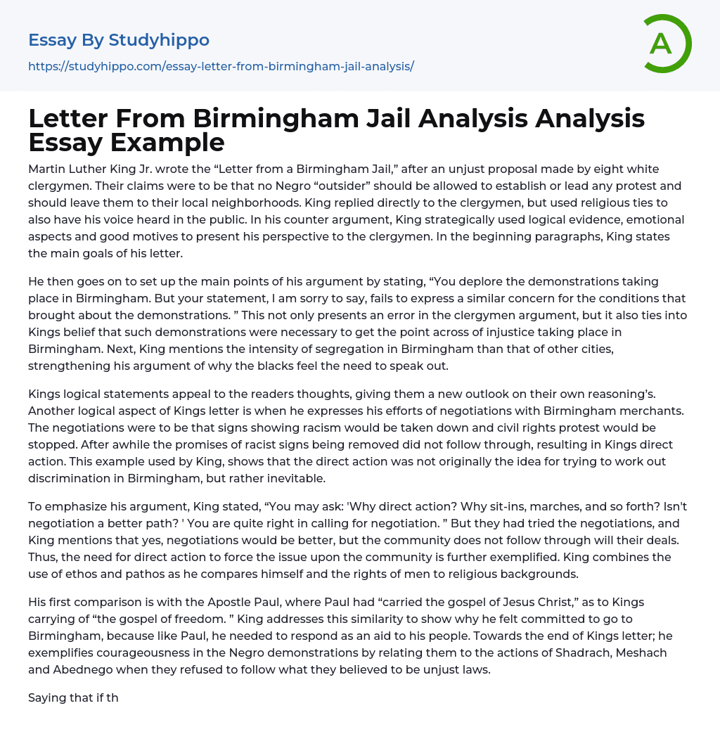 Letter From Birmingham Jail Analysis Analysis Essay Example