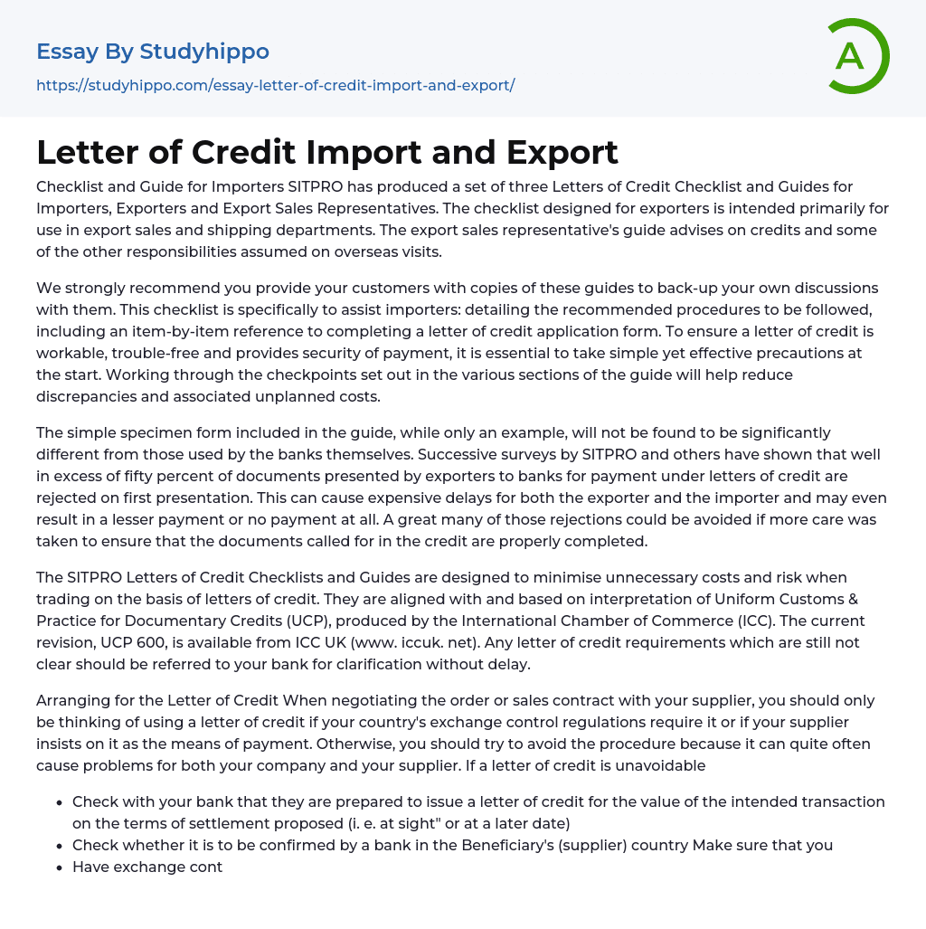 Letter of Credit Import and Export Essay Example