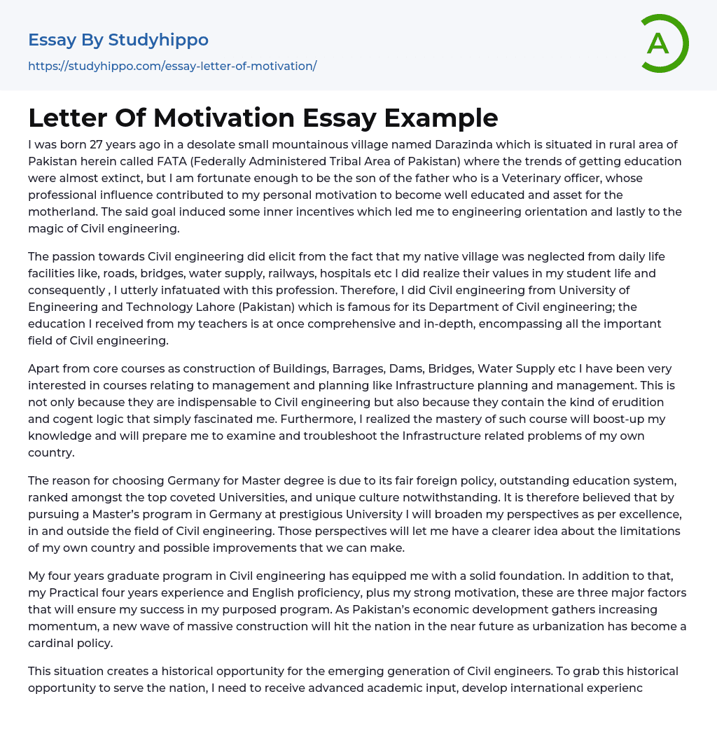 Letter Of Motivation Essay Example