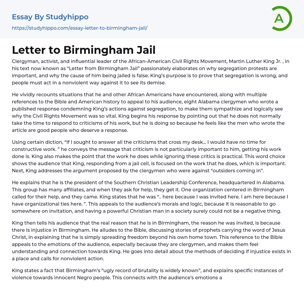 Letter to Birmingham Jail Essay Example