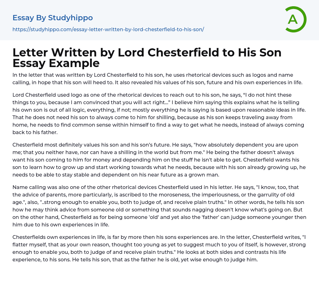 Letter Written by Lord Chesterfield to His Son Essay Example