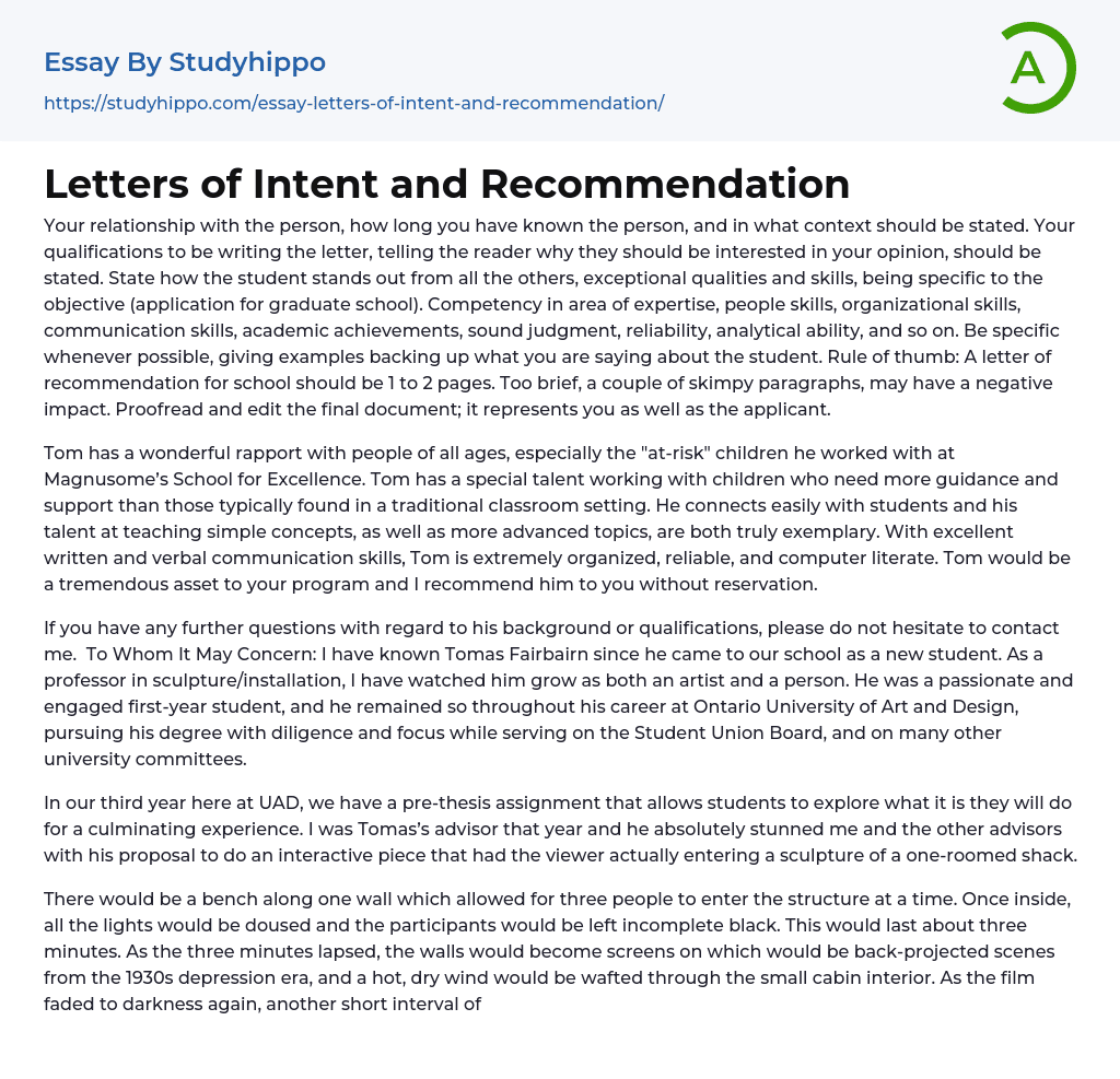 Letters of Intent and Recommendation Essay Example