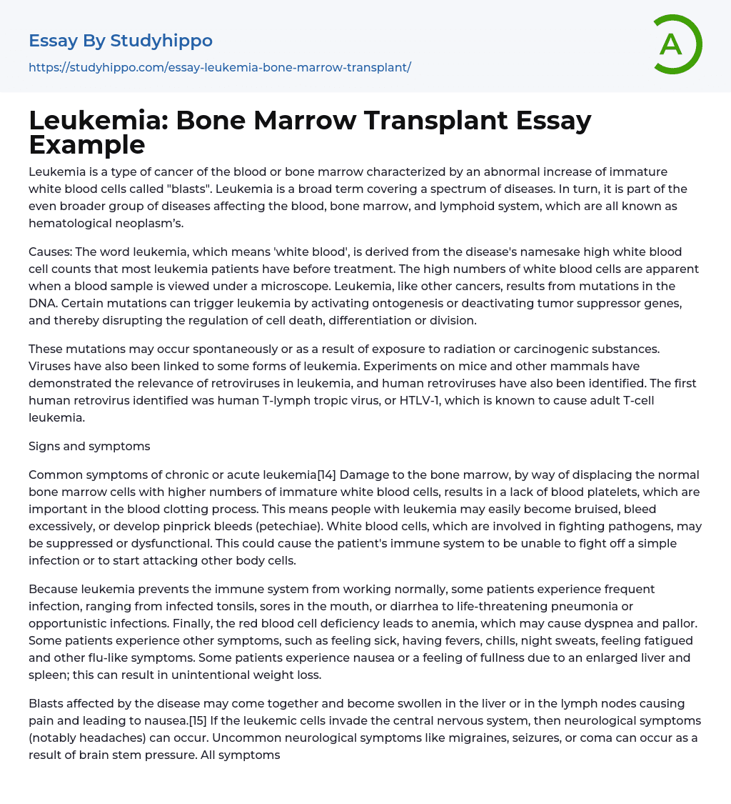 Leukemia: Bone Marrow Transplant Essay Example