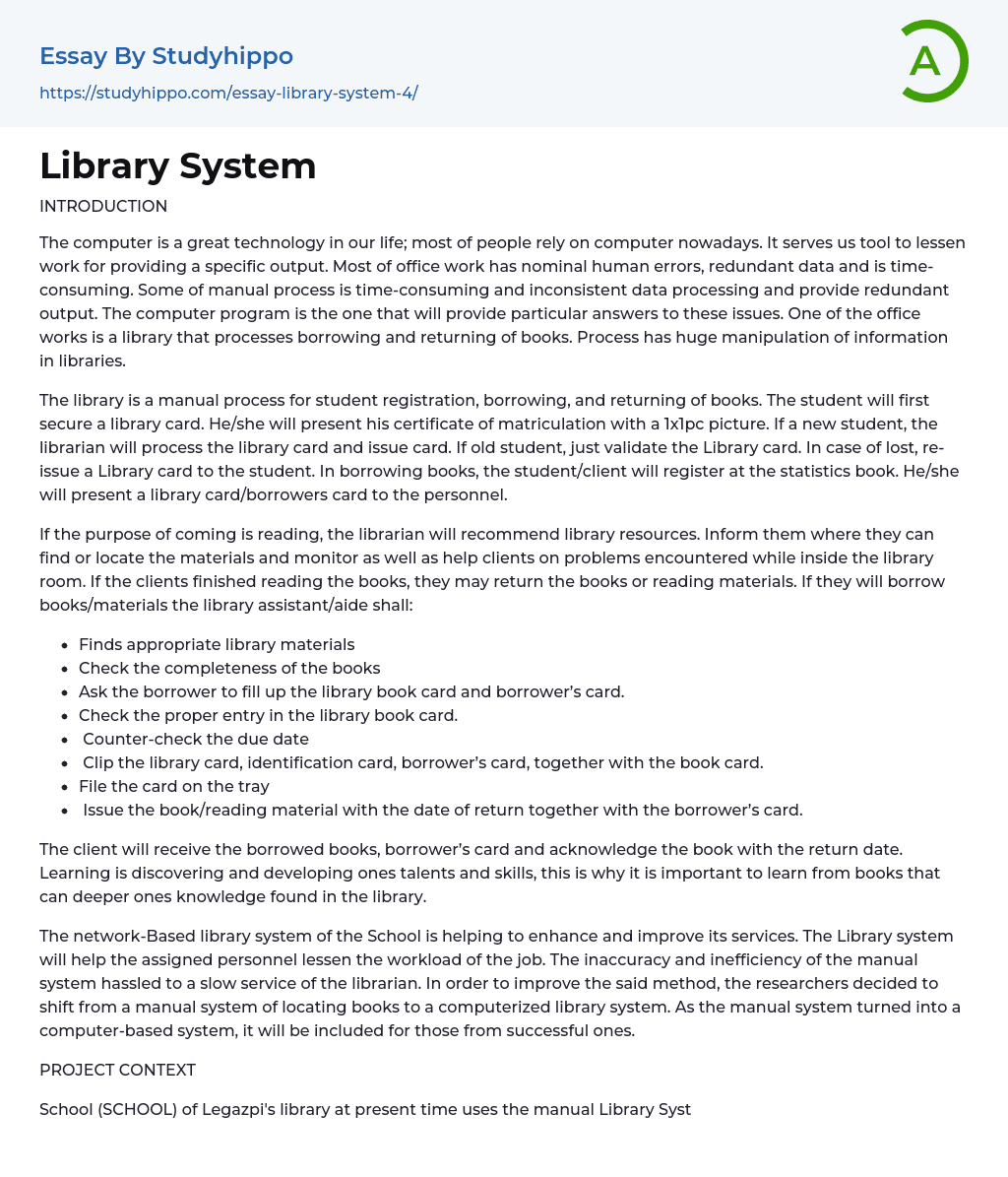 Library System Essay Example